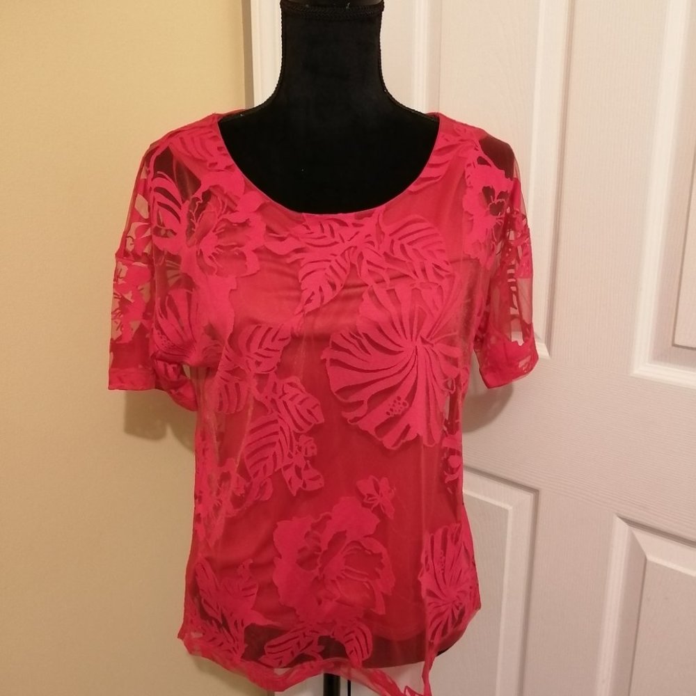 Pink slub shirt with sheer floral overlay